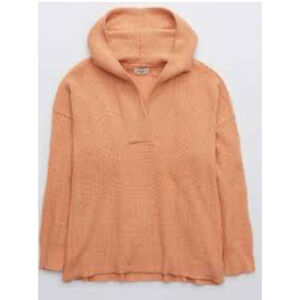 Aerie Cozy Up Waffle Knit Hooded Sweater Small Peach Thermal Oversized V‎ Neck